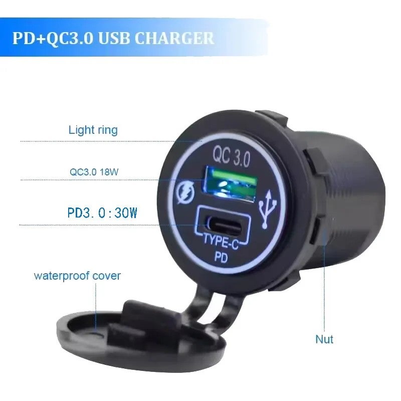 Bluejw Dual Port Car Charger, 30W USB C PD & QC3.0, 12V/24V Universal Car Bus Socket Automobile Charger Adapter - Image 3